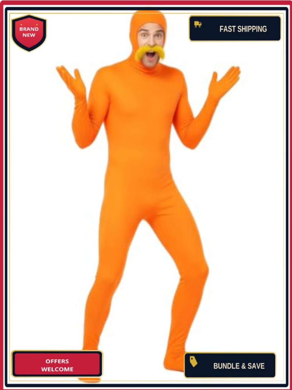 Men's Orange Elastic Jumpsuit Halloween Costume with Beard Set Cosplay